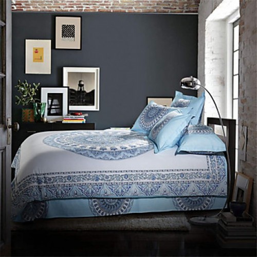 Bohemian Bedding Set Paisley Patterned Bed Linen Light Blue Cotton Bedclothes Queen 4pcs Coverlet Set