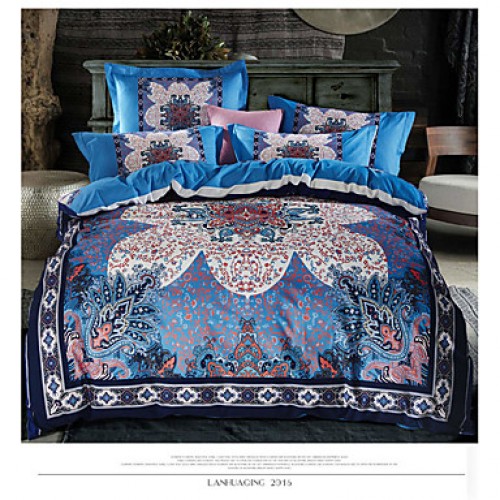 Luxury Bedding Set Blue Retro Design Quilt Cover No Fading Quality Bed Sheet Queen Size 4pcs Bedspread