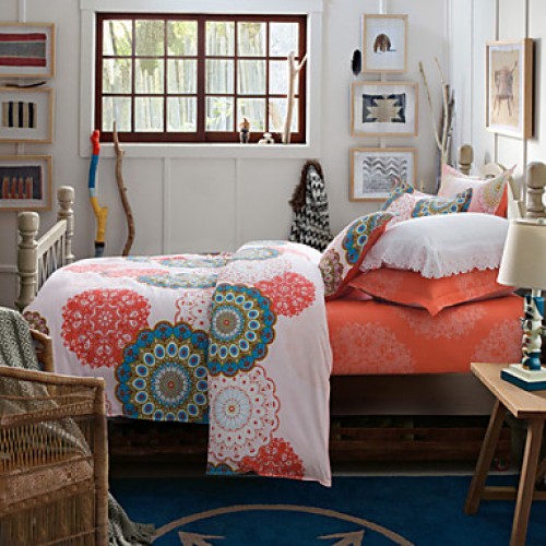 Orange 100% Cotton Bedclothes 4pcs Bedding Set Queen Size Duvet Cover Set
