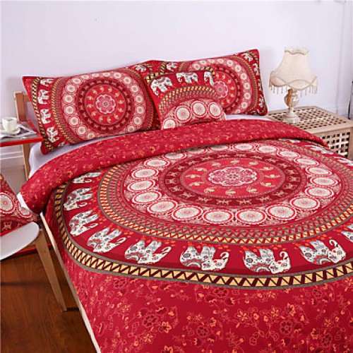 Red Mandala Bedding Home Elephant Messenger Indian Bed Linen Soft Fabric Moroccan Bedclothes 3Pcs Real